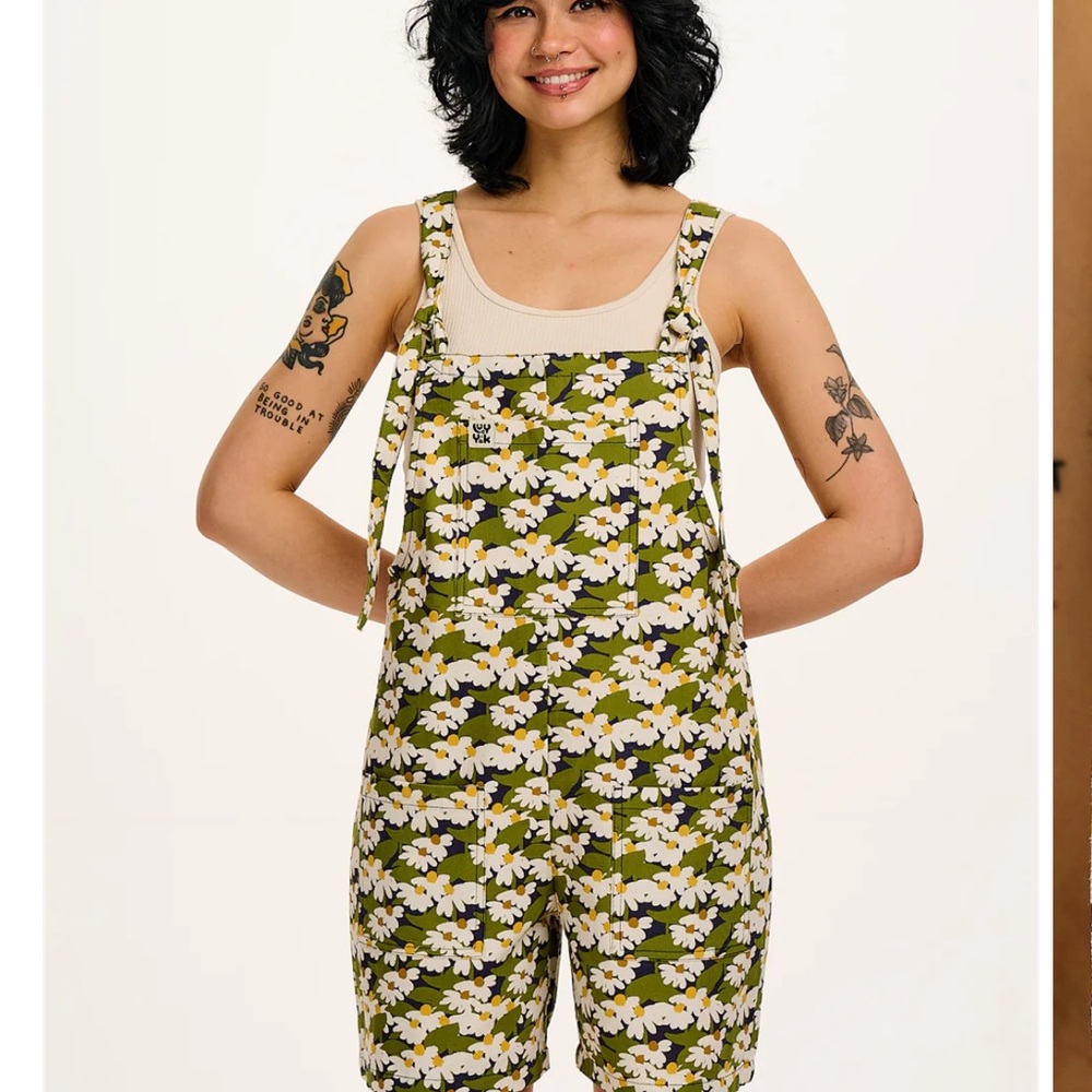 Lucy & Yak Cotton Dungaree Shorts in Green Birdie Blooms Print